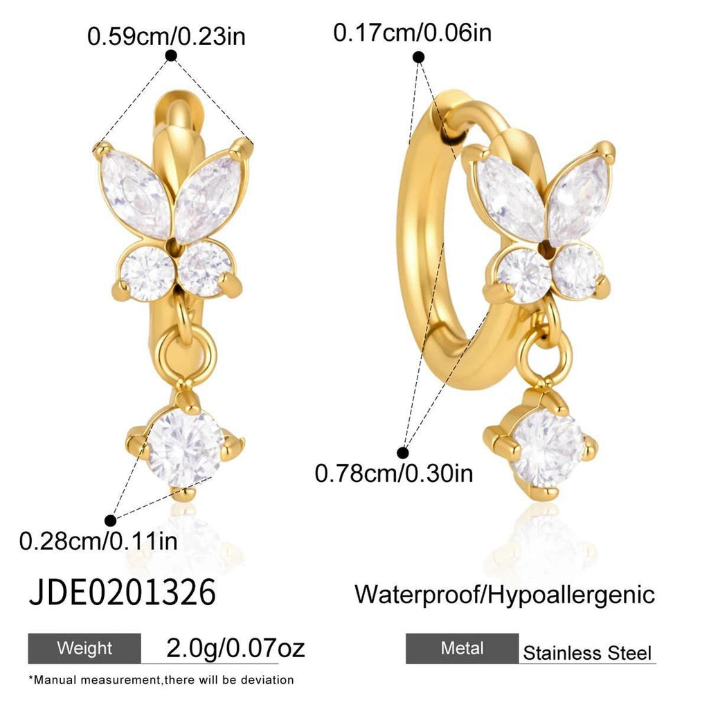 Butterfly hoop earring with dangling round clear stone