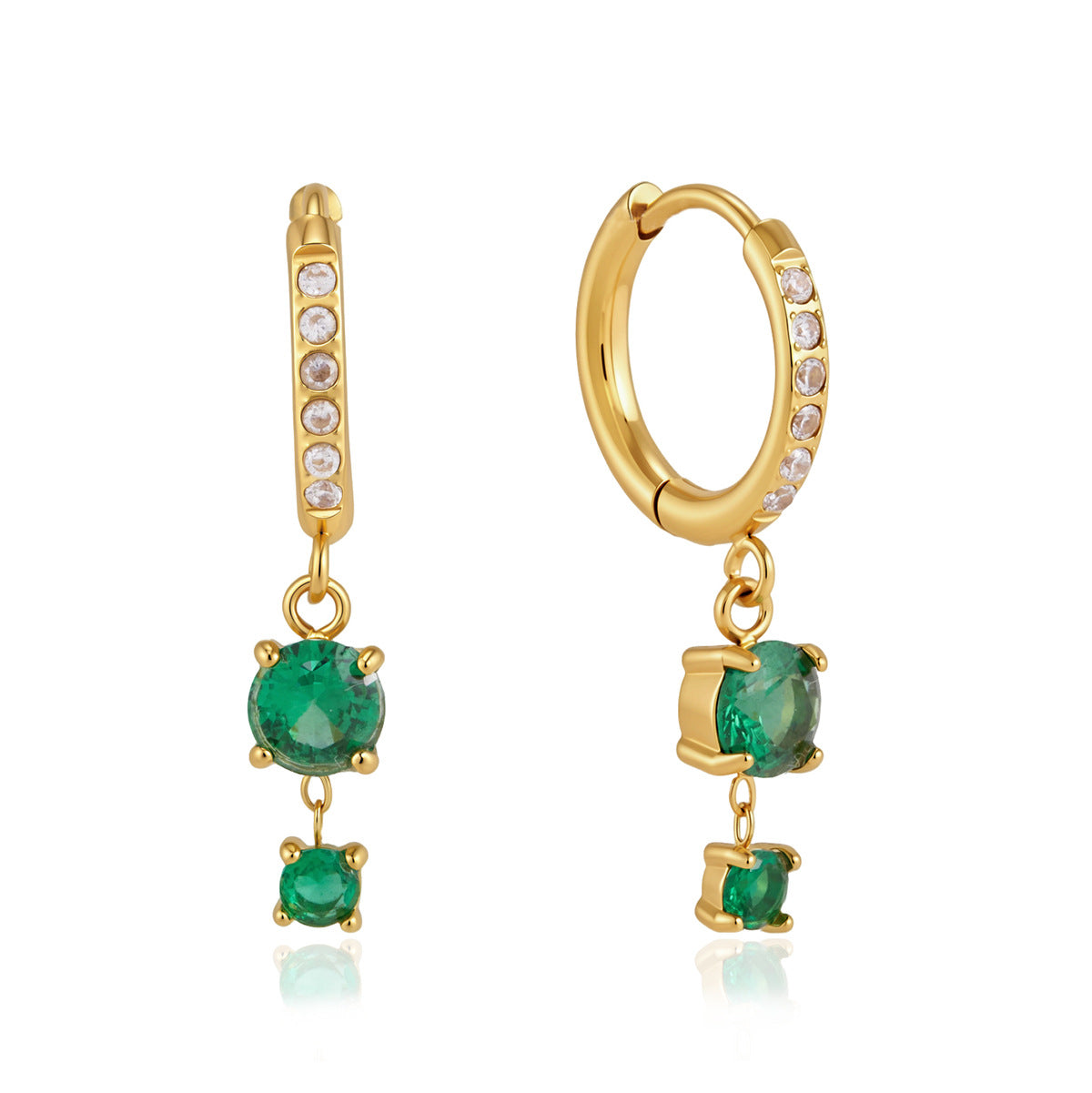 Front and side views of gold tone green stone drops