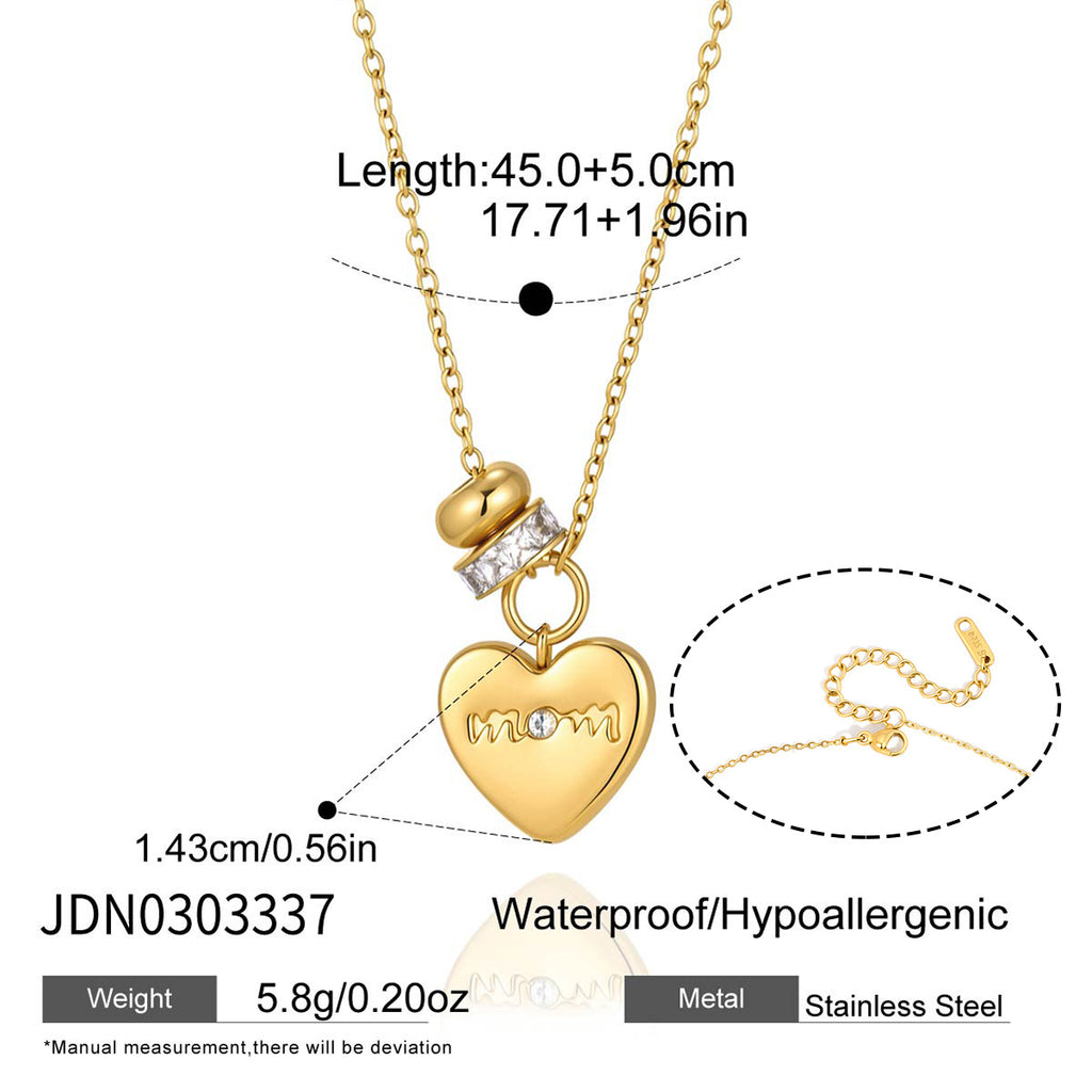 Gold-tone heart pendant necklace with a small mom inscription