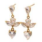 front product view of stainless steel floral clear stone drop earrings