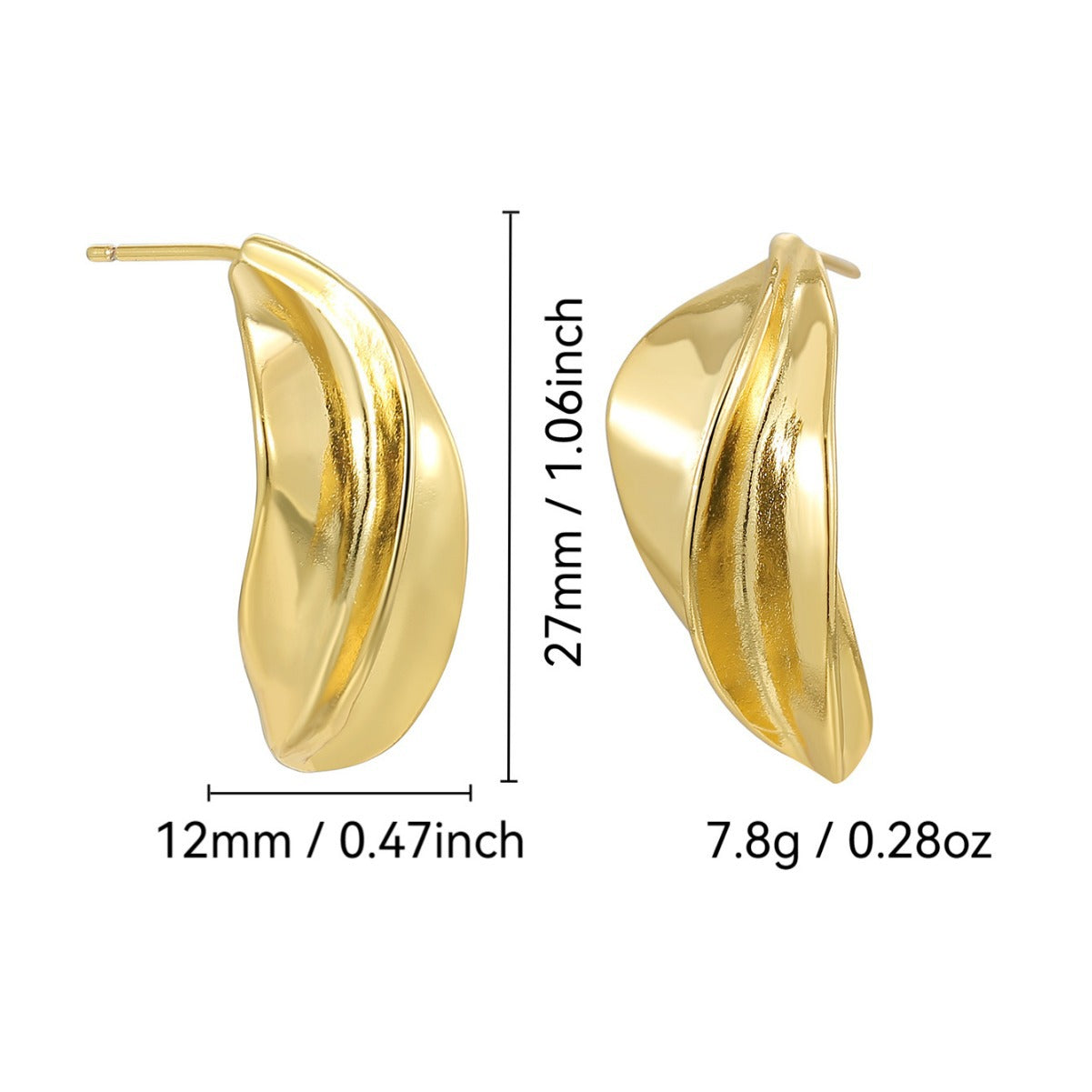 folded petal stud earrings with 27 by 12 millimeter measurements