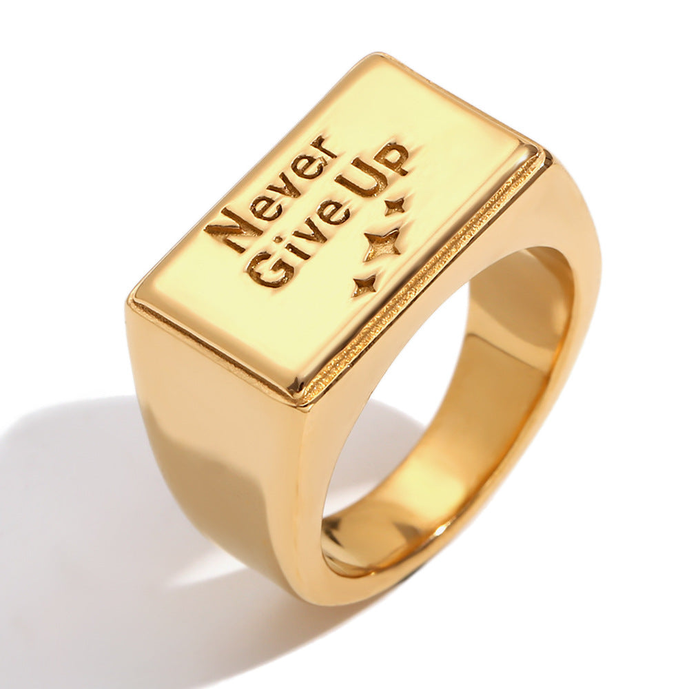 cutout of engraved Never Give Up stainless steel signet ring