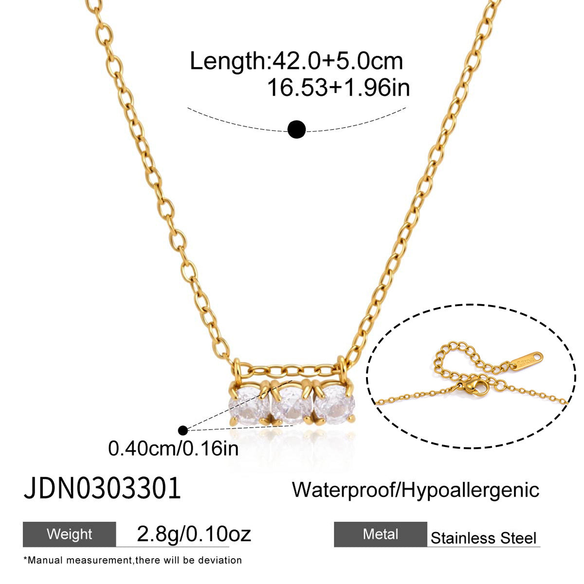 Triple round clear stone necklace with extender and clasp detail