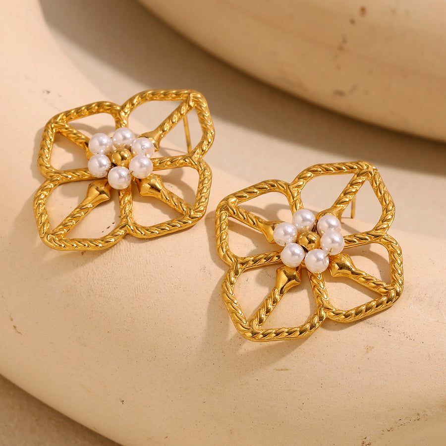 gold plated openwork flower stud earrings with white beads