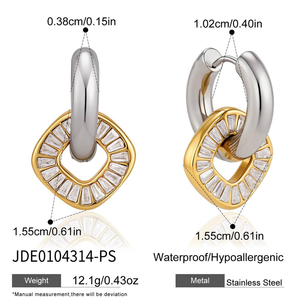 Silver tone hoop with gold tone rhinestone disc size chart