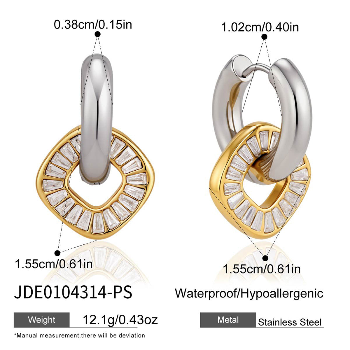 Silver tone hoop with gold tone rhinestone disc size chart