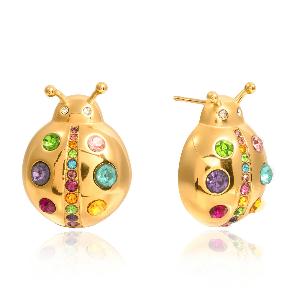 front and side views of multicolor ladybug stud earrings