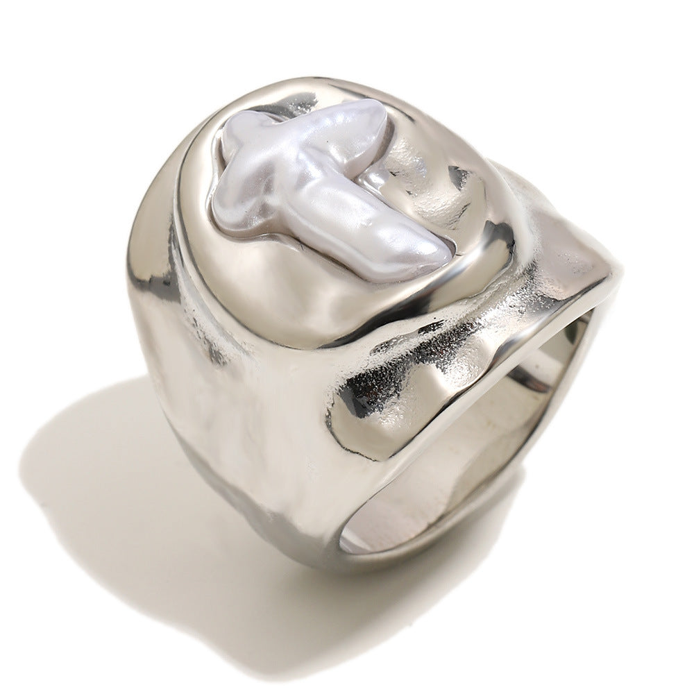 silver-finish cross imitation pearl signet ring