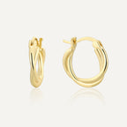 front and side cutout of gold plated offset double-line huggies