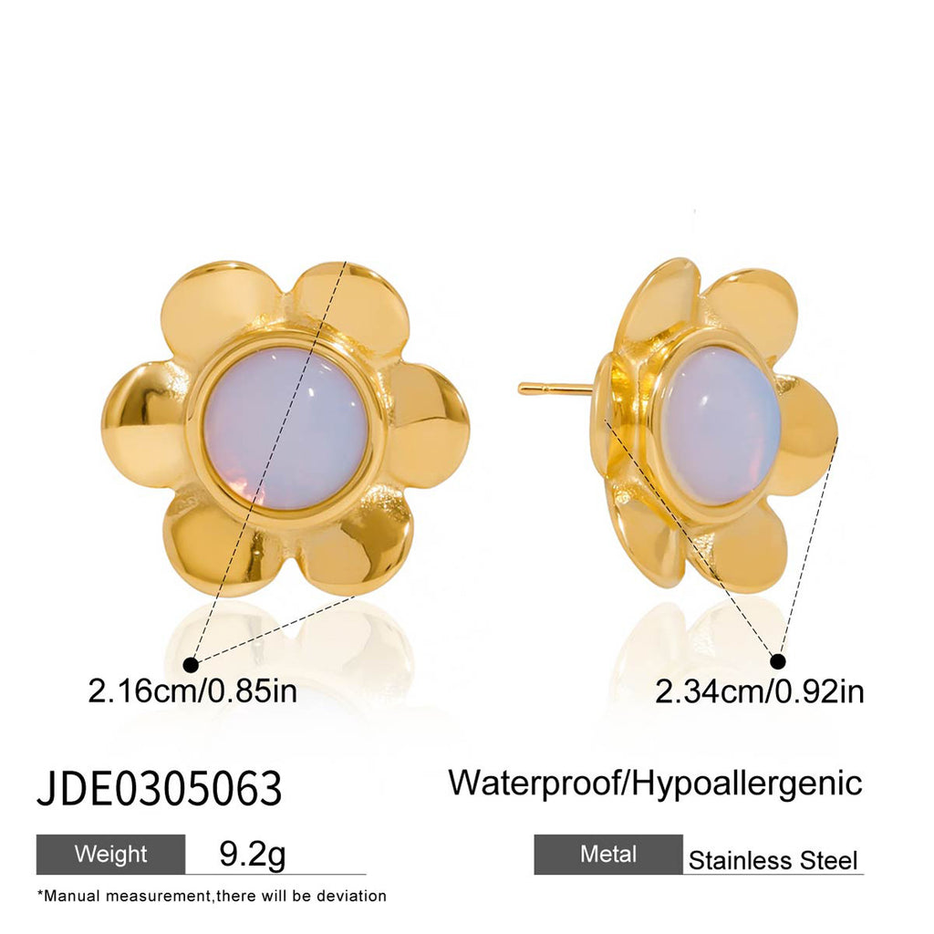 Gold Plated Opal Floral Stainless Steel Stud Earrings – detail view
