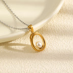 Gold plated and silver 316L stainless steel oval pearl necklace