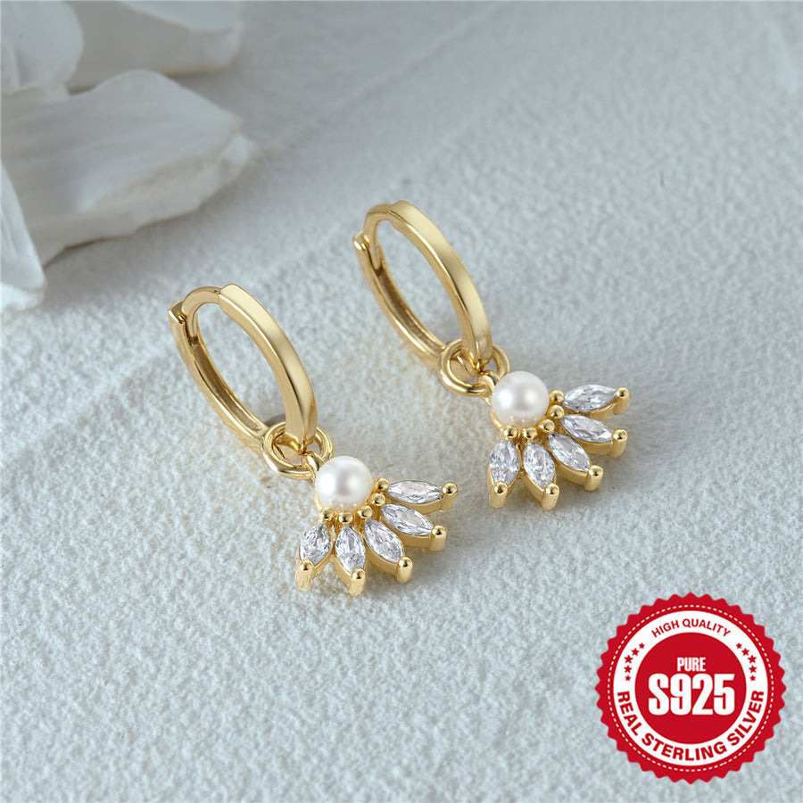 gold plated pearl and marquise clear-stone drop hoop earrings on white