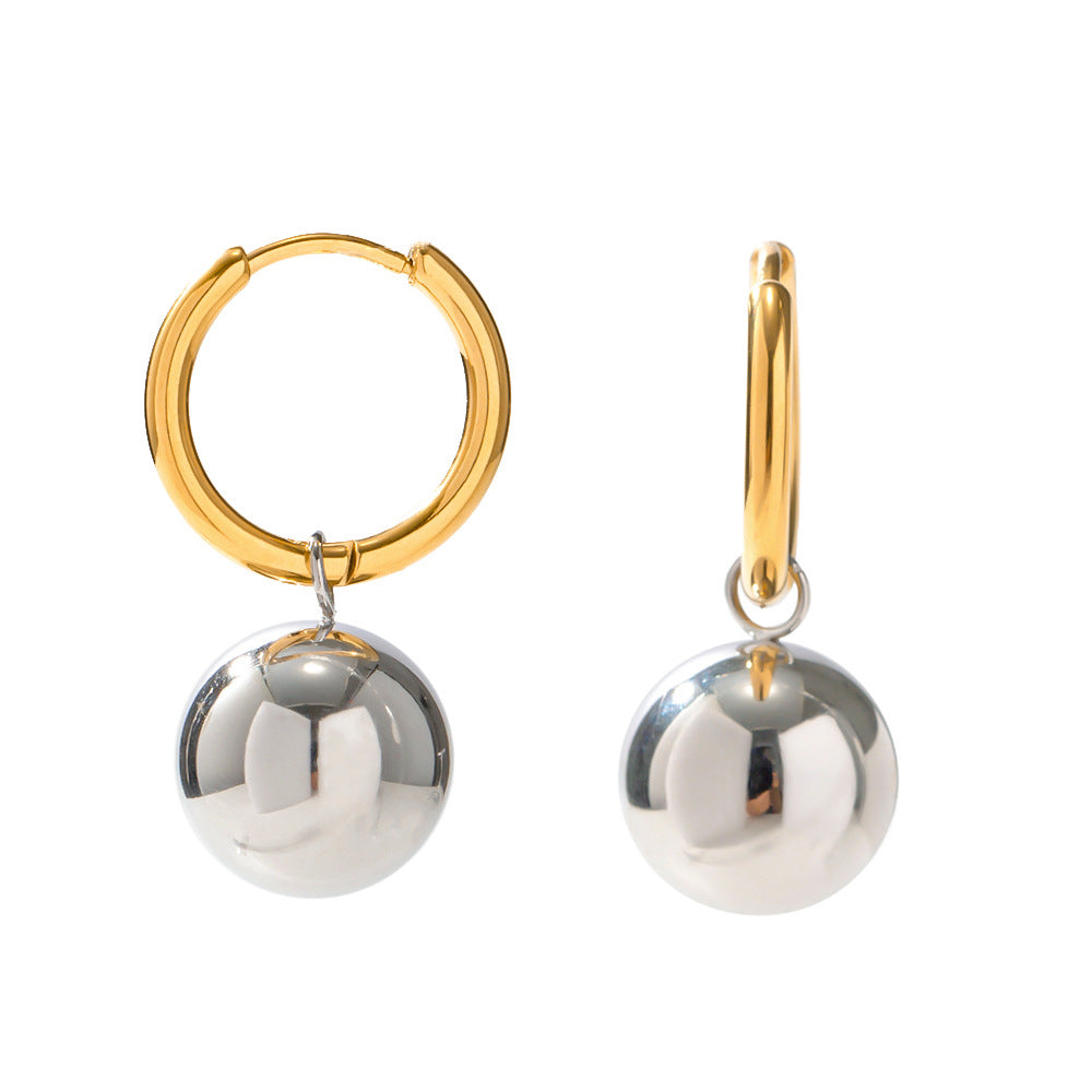 Mixed-Finish Stainless Steel Sphere Drop Hoop Earrings finish and shape detail