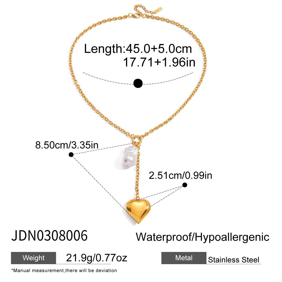 Heart Y necklace chain and vertical drop measurements