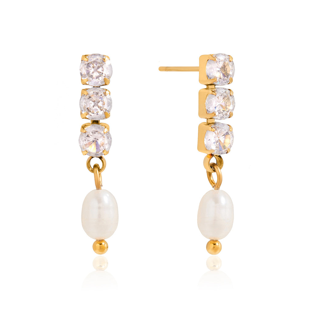 Wholesale Gold-Tone Stainless Steel Freshwater Pearl and Clear Stone Drop Earrings - design detail