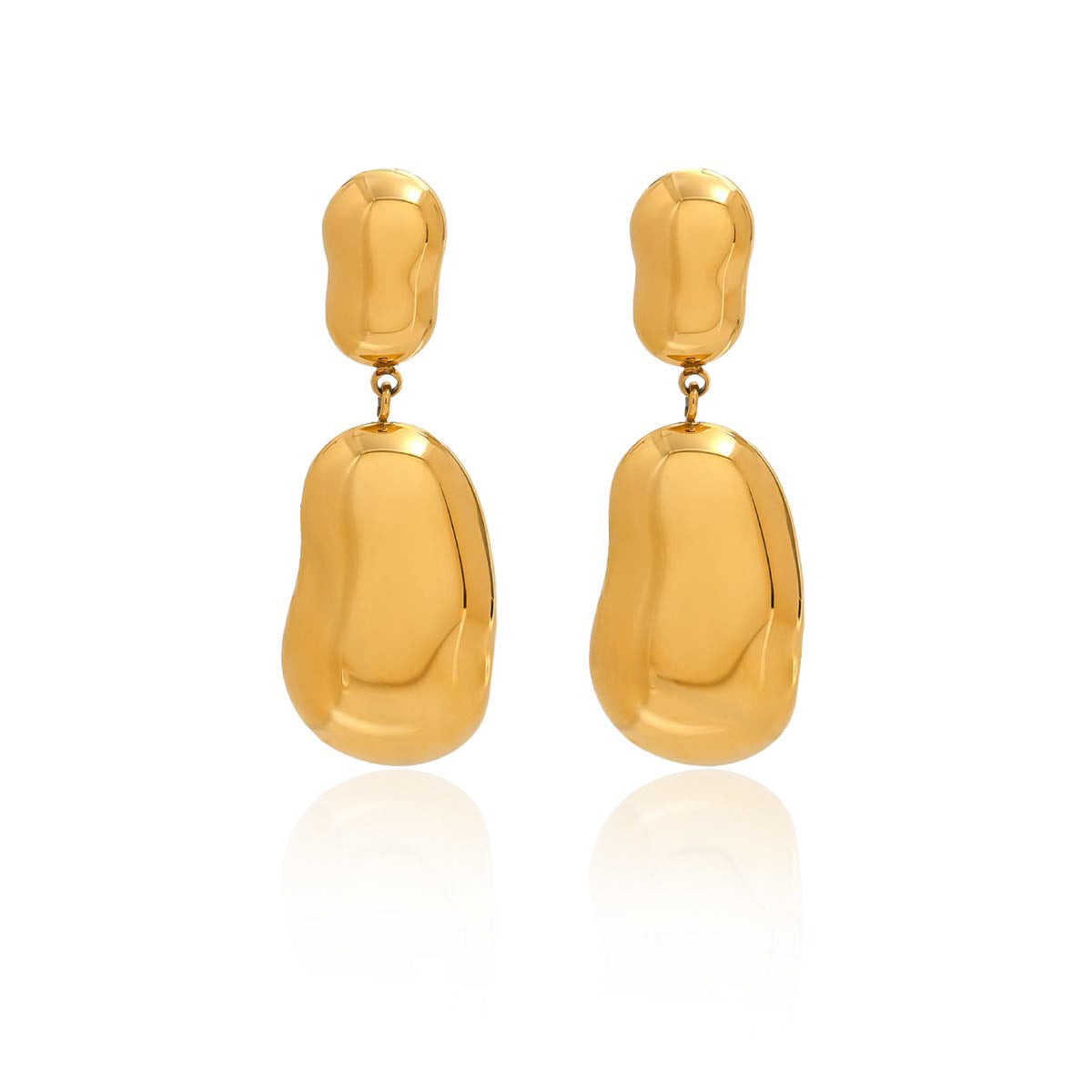isolated pair of gold plated sculptural pebble drop earrings