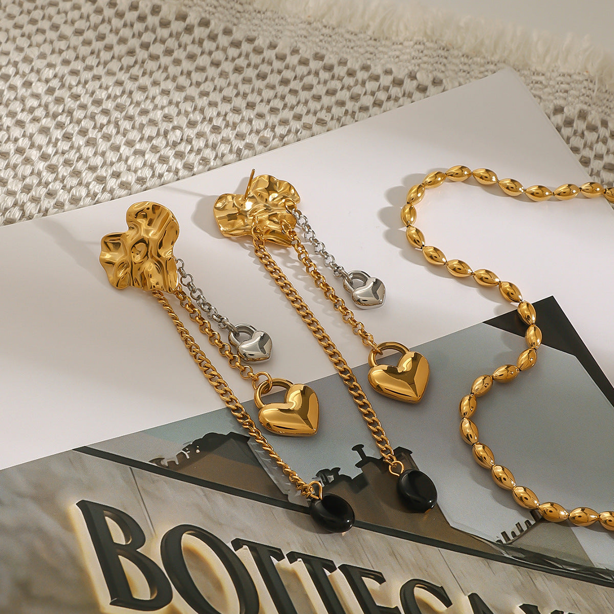Wholesale Gold-Tone Stainless Steel Floral Tassel Drop Earrings - side profile