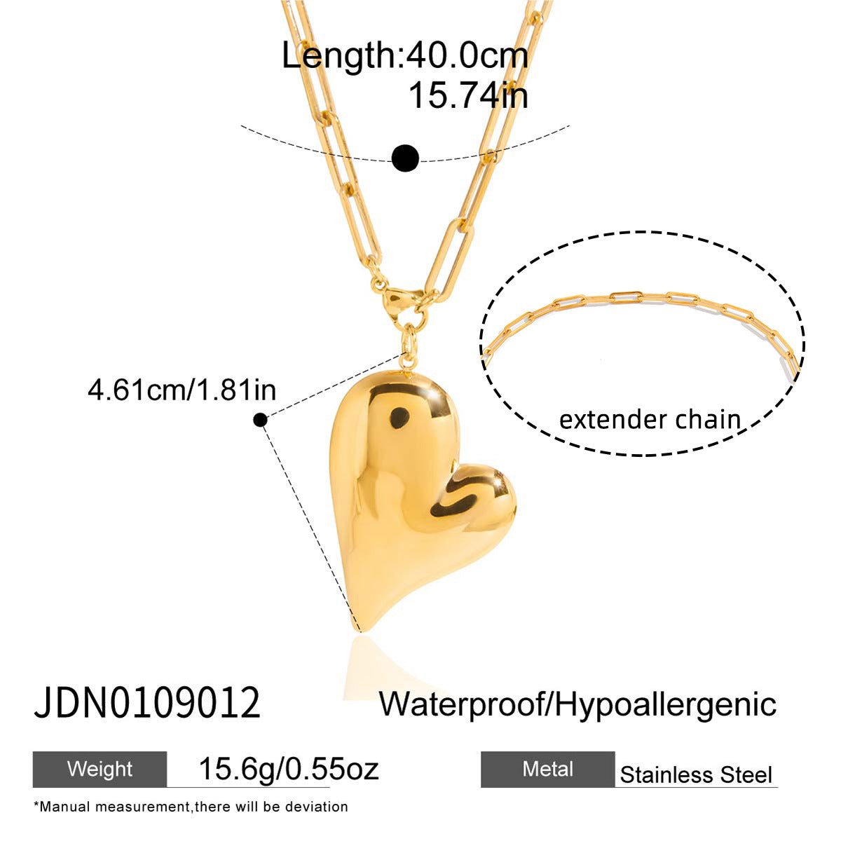Gold-Tone Heart Stainless Steel Earrings and Necklace Collection size and proportion reference