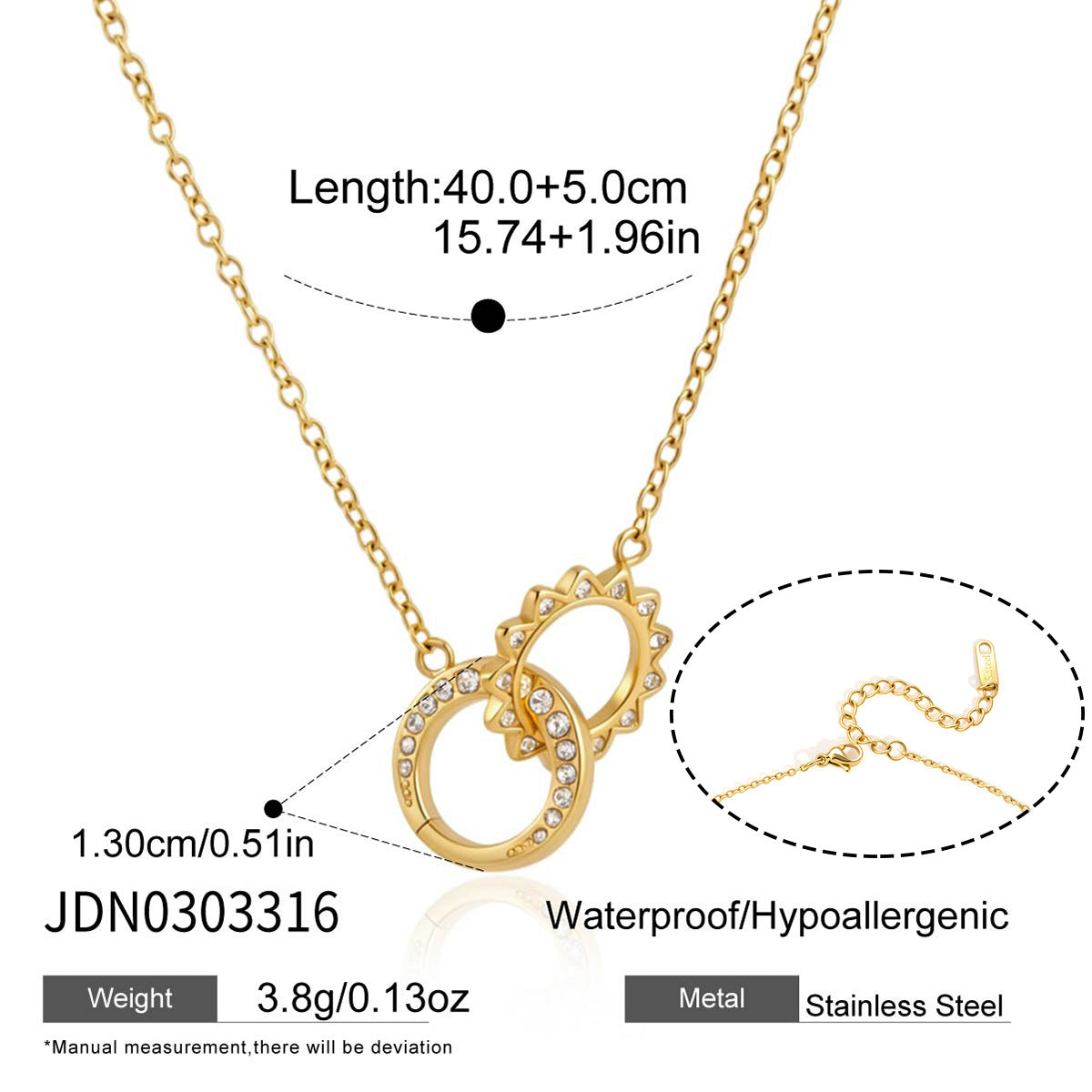 Necklace length diagram with interlocking ring and clasp details