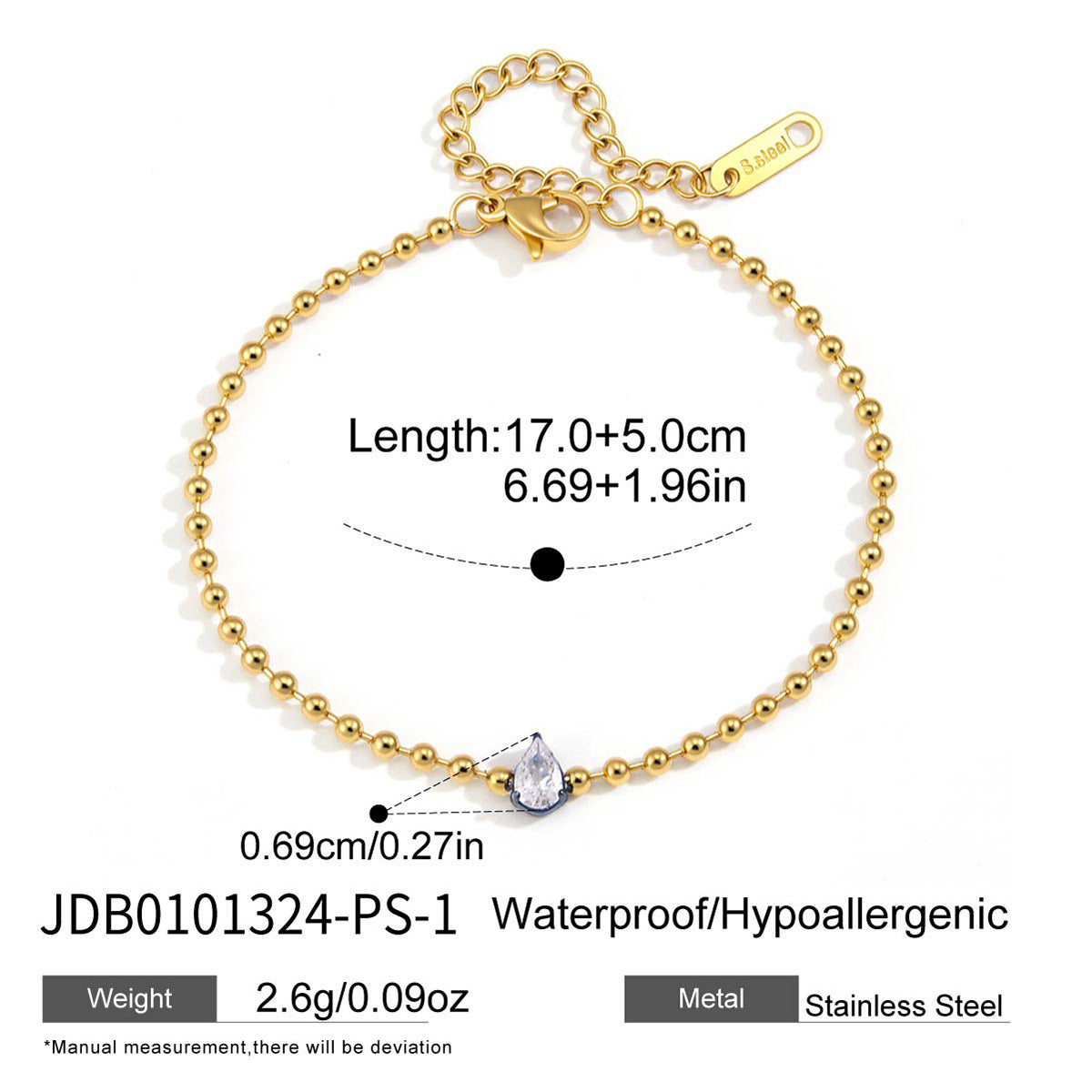 Pear zirconia bracelet length chart