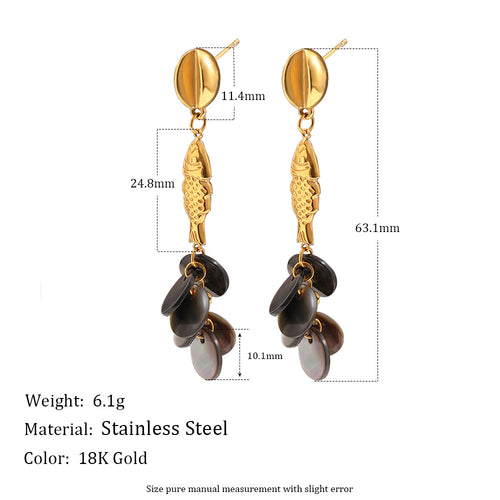 Fish and shell drop earring with length annotations