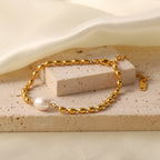 Gold Plated Stainless Steel Freshwater Pearl Oval Bead Jewelry Set — bracelet front view