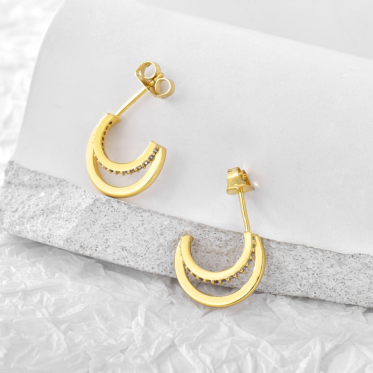 gold plated double-band clear stone C-hoop earrings