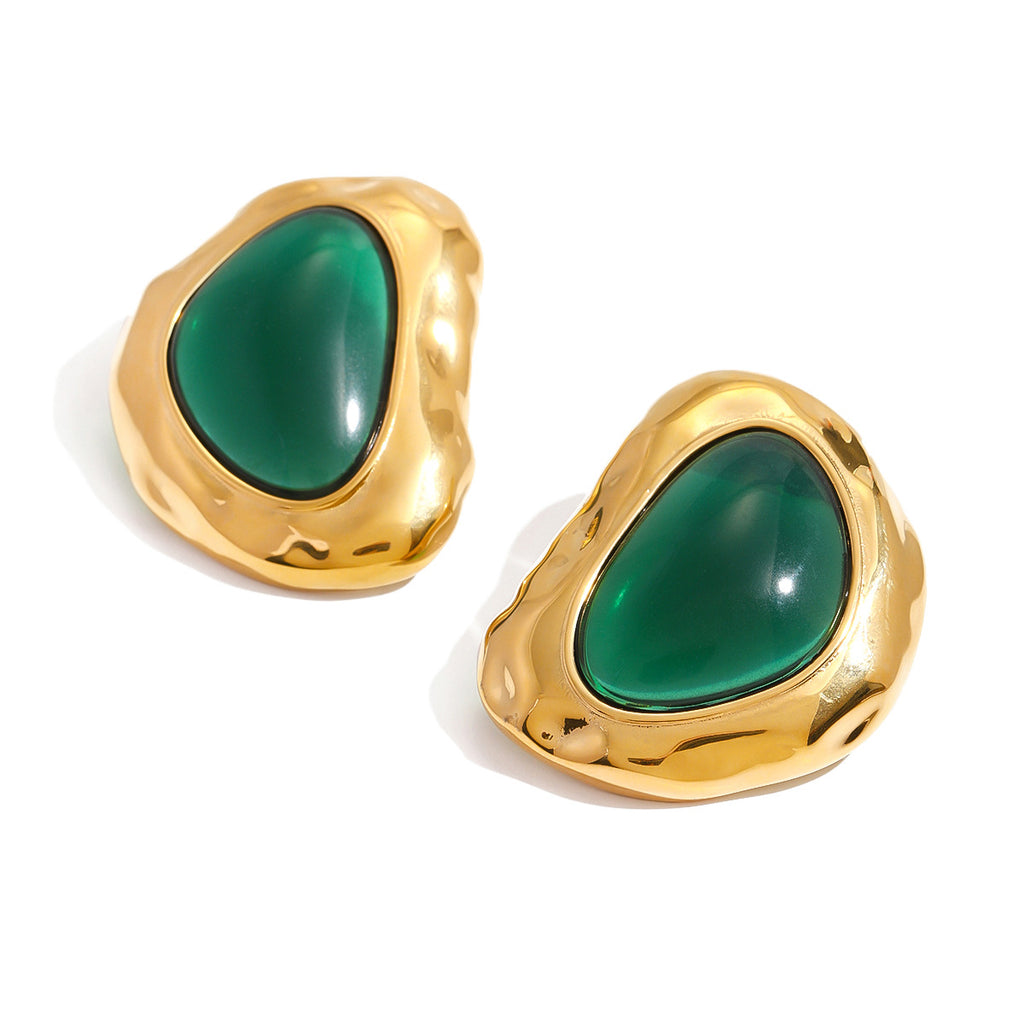 Green Resin Cabochon Stainless Steel Statement Stud Earrings — alternate angle