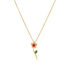 isolated red and green rhinestone rose pendant necklace