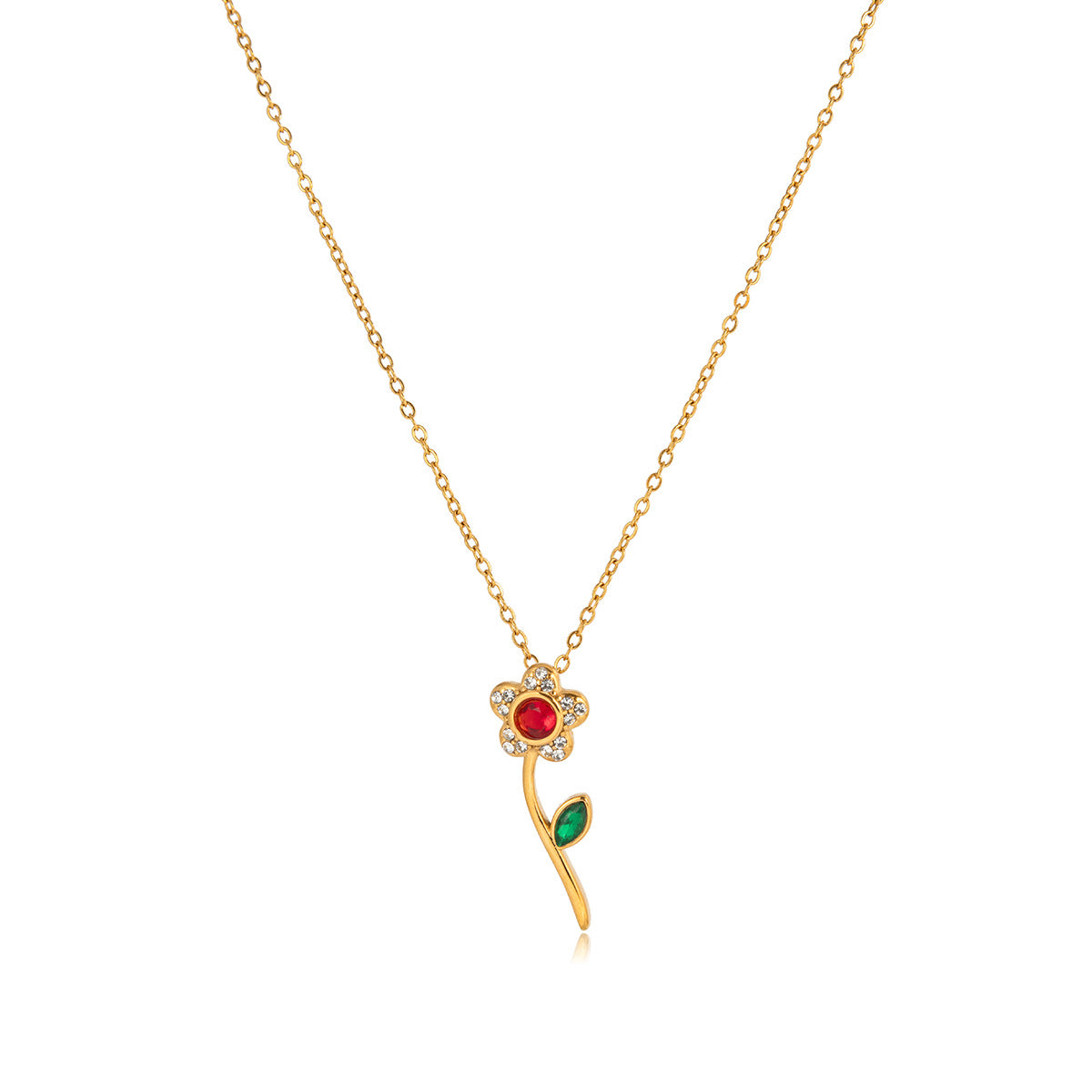 isolated red and green rhinestone rose pendant necklace