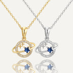 gold plated and silver-finish orbit planet necklaces with blue star stones