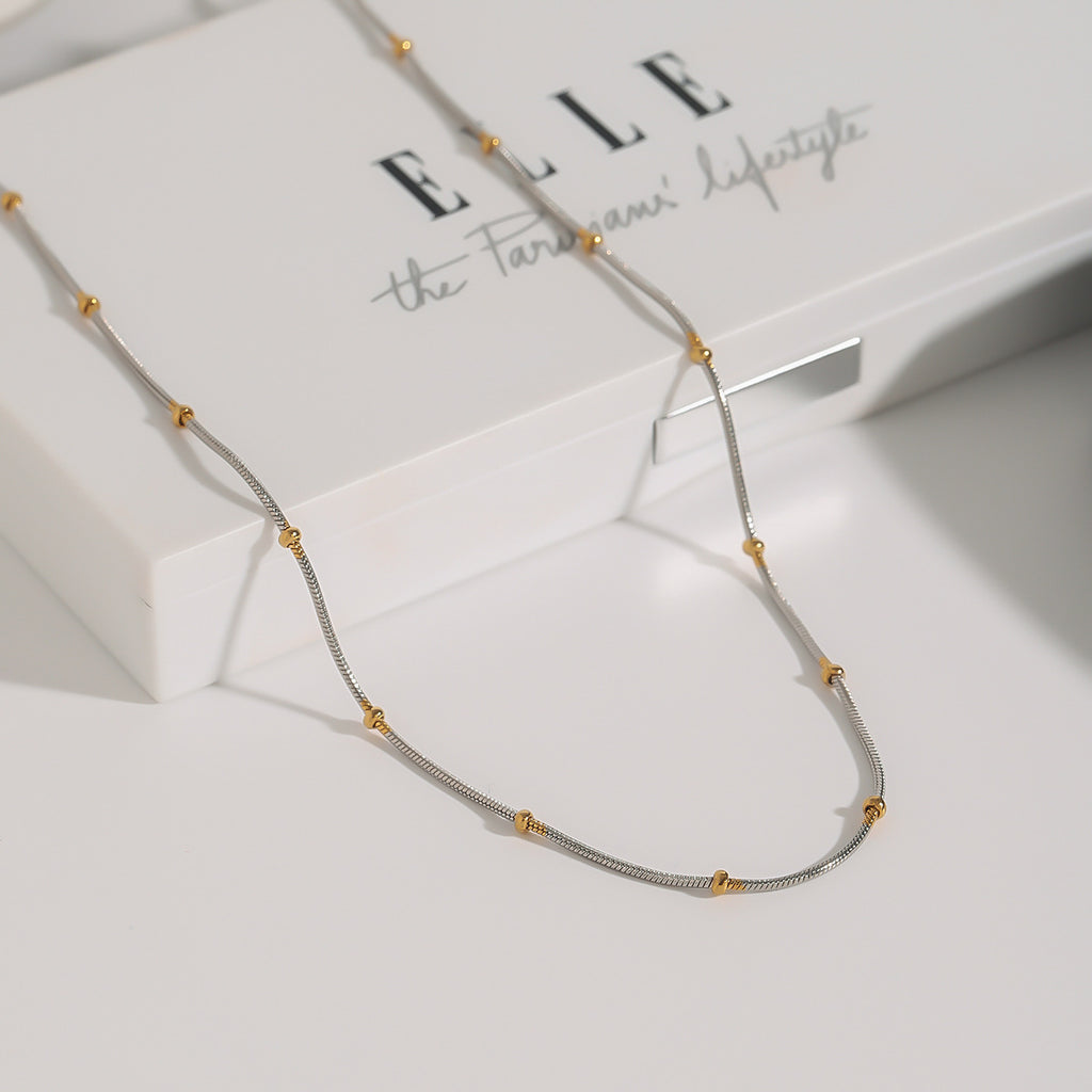 Gold Plated Two-Tone Beaded Stainless Steel Chain Necklace – close-up view