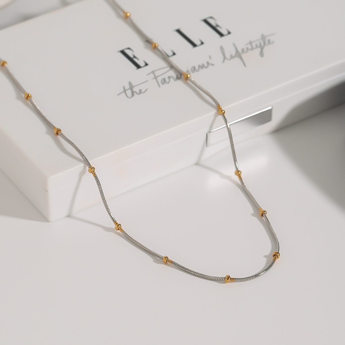 Gold Plated Two-Tone Beaded Stainless Steel Chain Necklace – close-up view