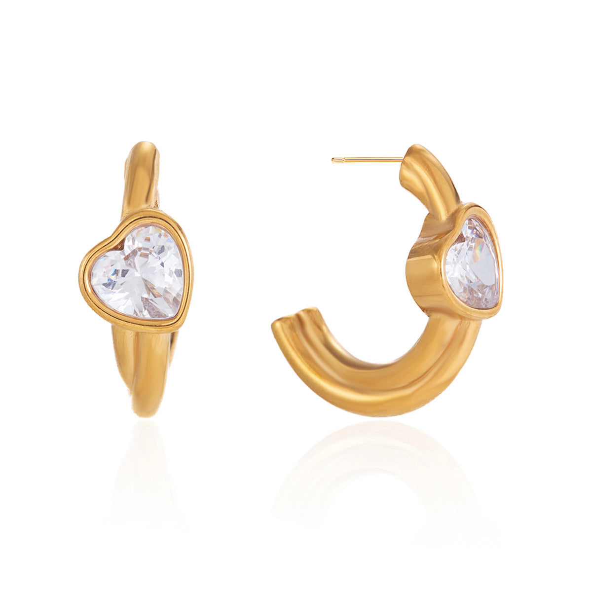 Clear heart center gold-tone stainless steel hoop earring pair