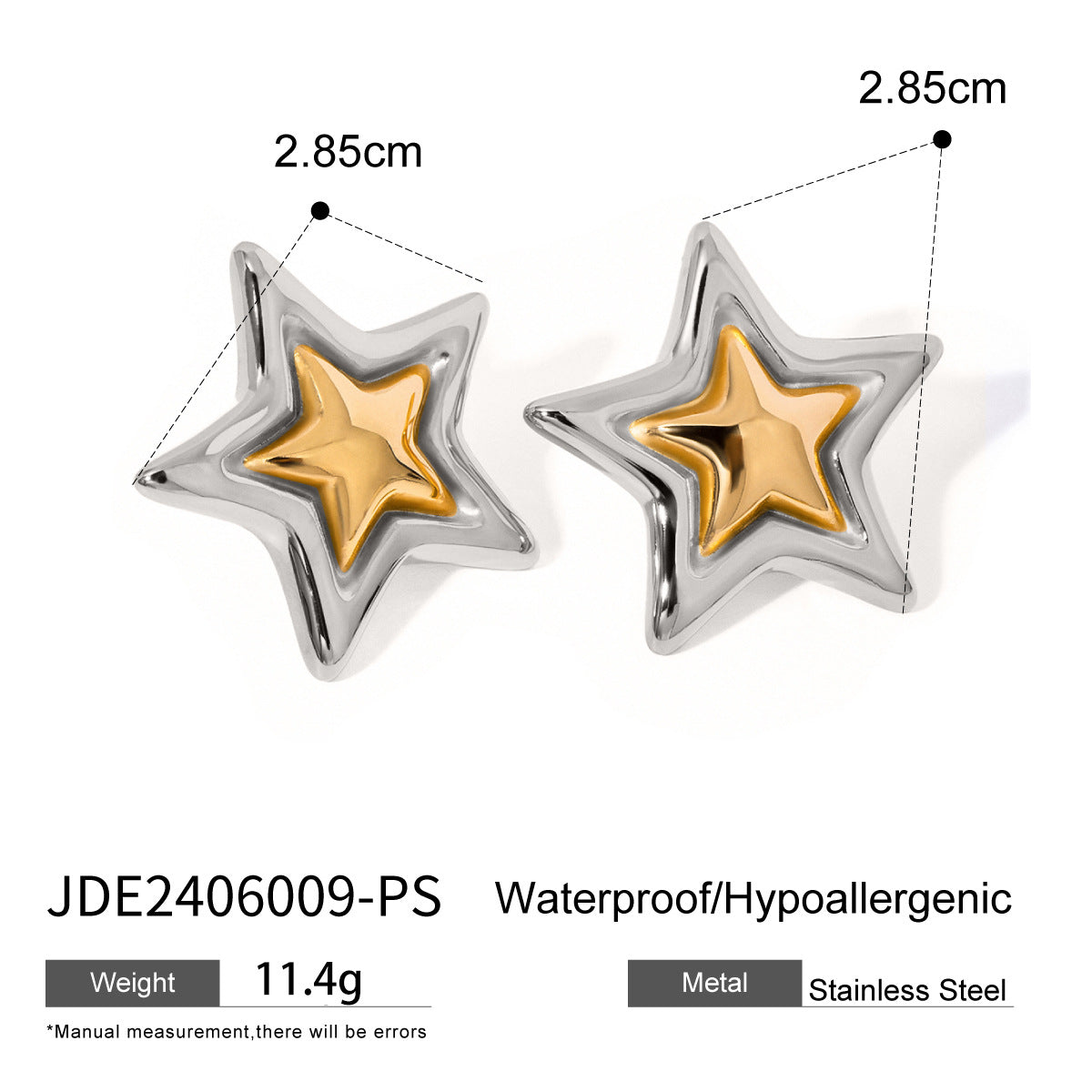 Two-Tone Sculptural Star Stainless Steel Stud Earrings size and proportion reference
