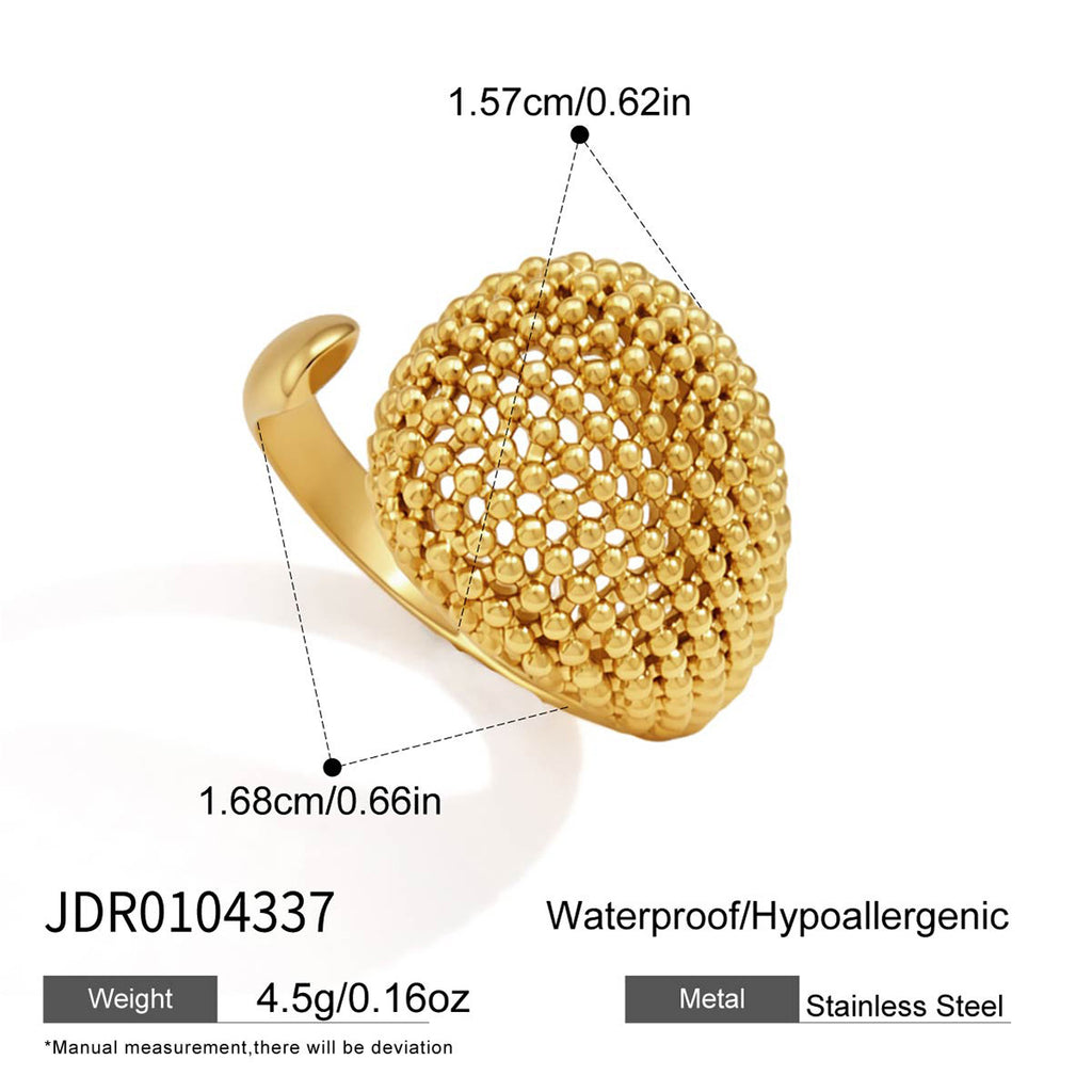 Gold tone mesh dome ring measurement reference