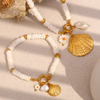 Gold plated shell bead necklace and bracelet collection styled together