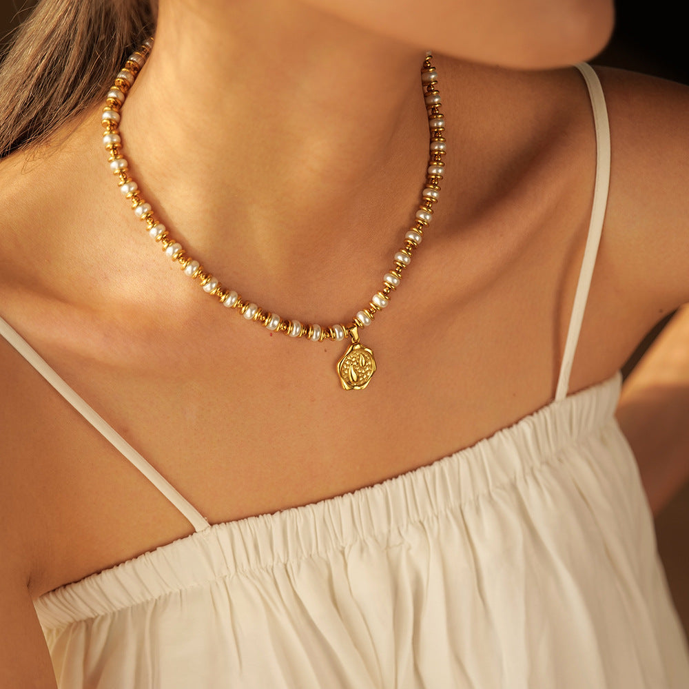 Gold Plated Stainless Steel Textured Medallion Necklace — styled view