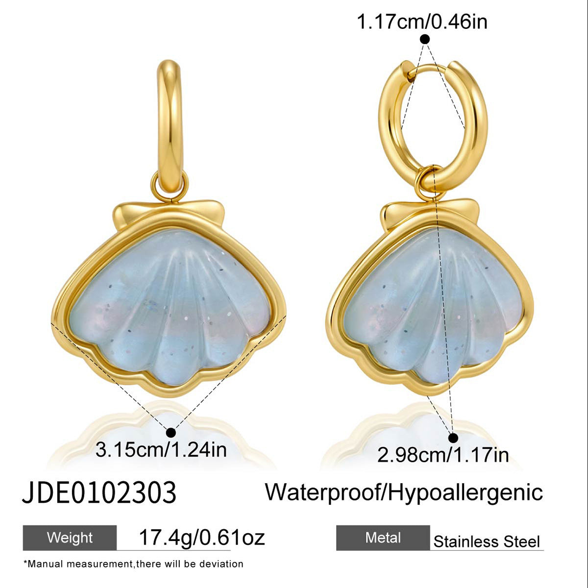 Shell-shaped drop earrings with hoop and dimensions