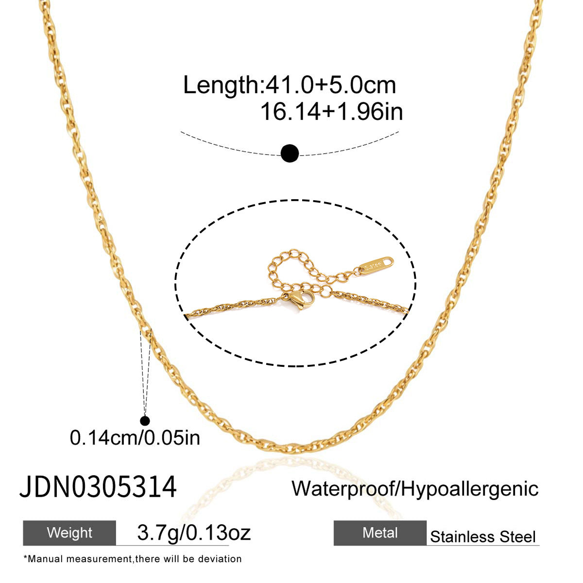 Fine rope chain with length and width dimensions