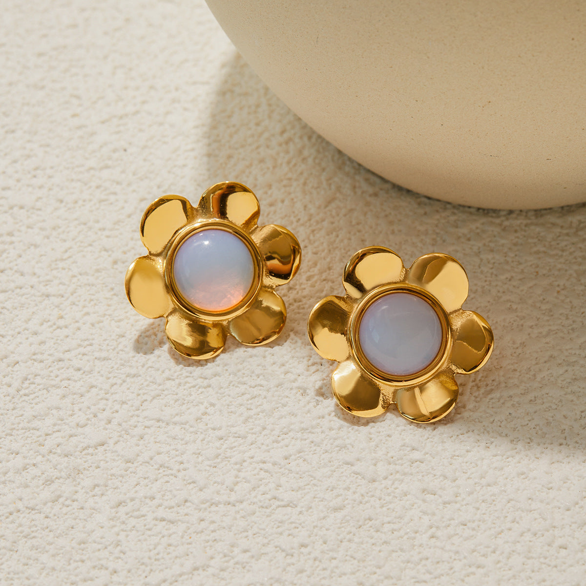 Gold Plated Opal Floral Stainless Steel Stud Earrings – flat-lay view