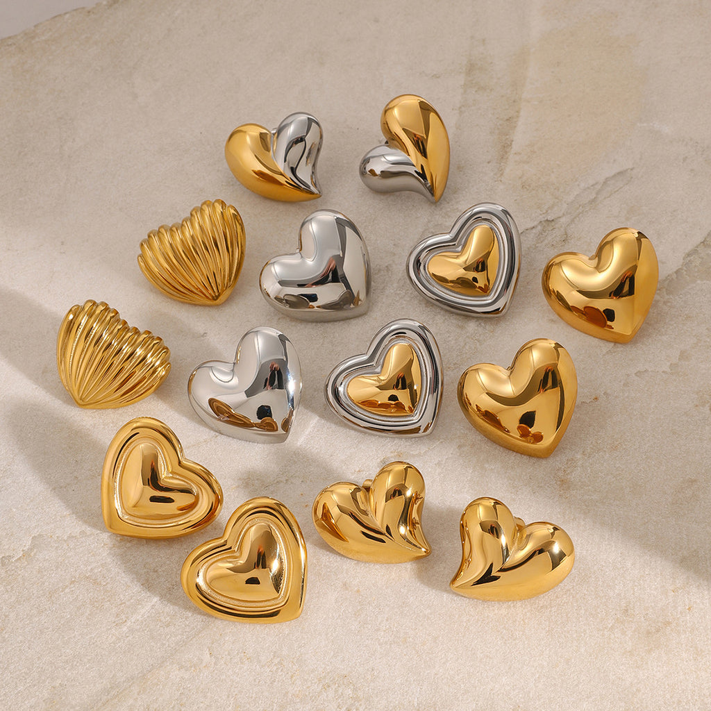 Wholesale Stainless Steel Heart Stud Earring Collection in Mixed Finishes - front view