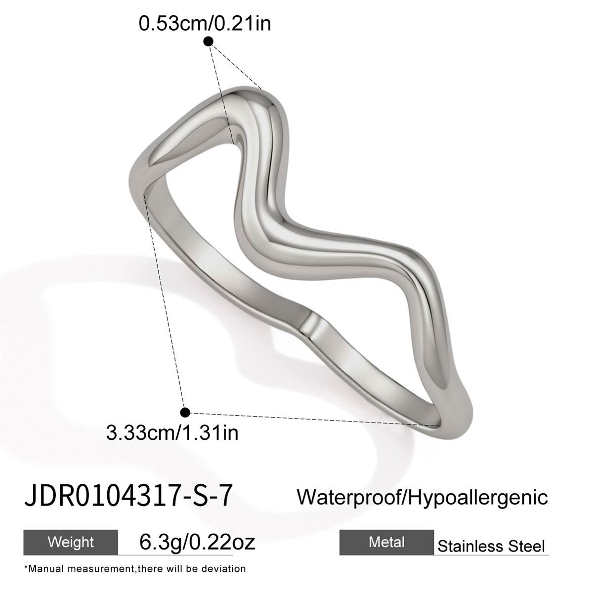Silver tone wavy ring measurement chart