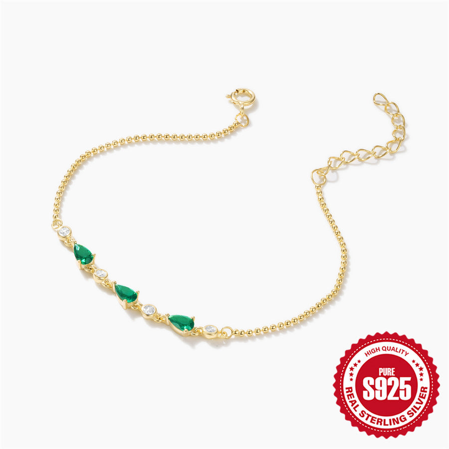 Gold Plated 925 Sterling Silver Teardrop Zirconia Bracelet — green and clear stones with extension chain