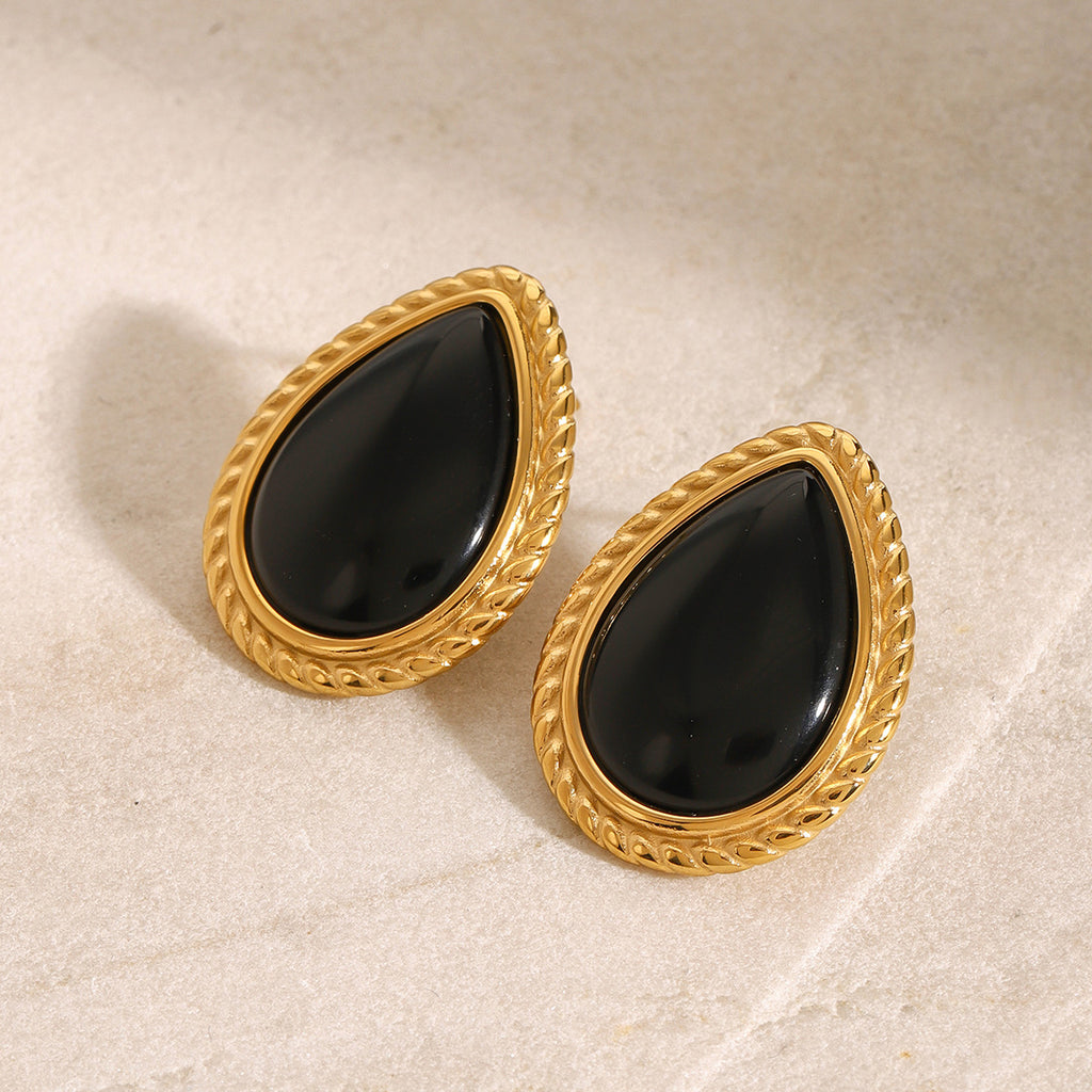 Gold-Tone Black Oval Stainless Steel Stud Earrings — wholesale view 1
