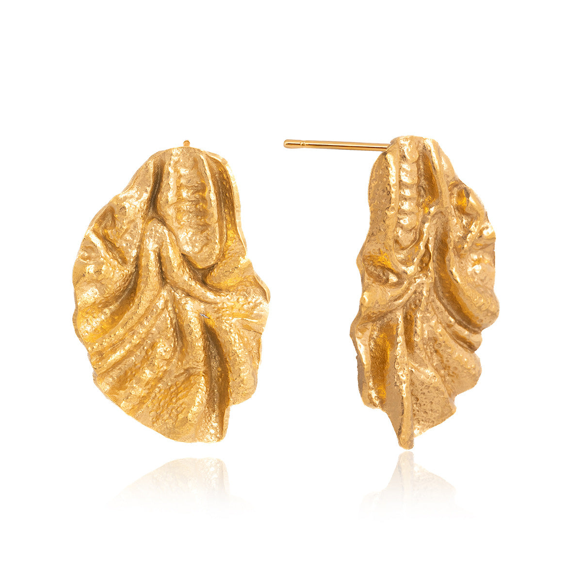 Raised folds and textured recesses on stud earrings