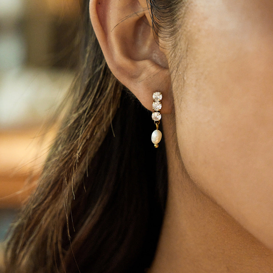 Wholesale Gold-Tone Stainless Steel Freshwater Pearl and Clear Stone Drop Earrings - styled view