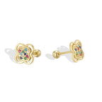 front and side views of multicolor clover stud earrings