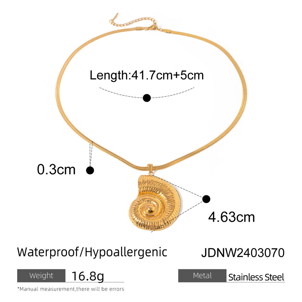 Stainless steel spiral shell necklace with pendant and chain measurements