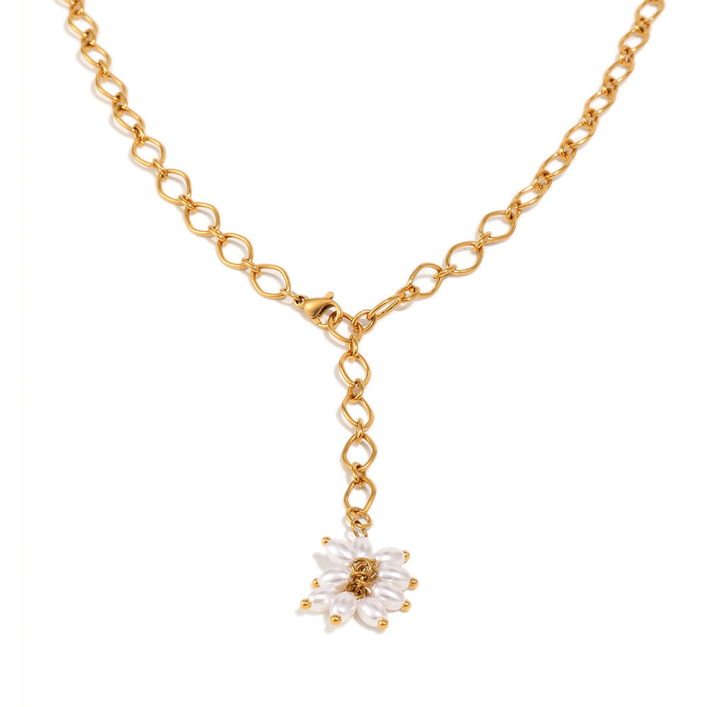 Front product view of the faux pearl flower pendant and Y drop